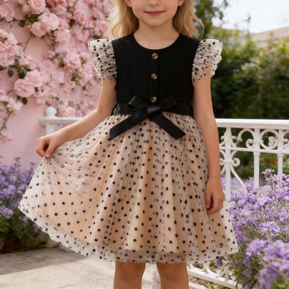 Teen Girl Easter Dresses Bowknot Design Dress Ruffle Short Sleeve Long Summer Dress for Teens Fashion Design Summer Dress (Black,4-5 Years)