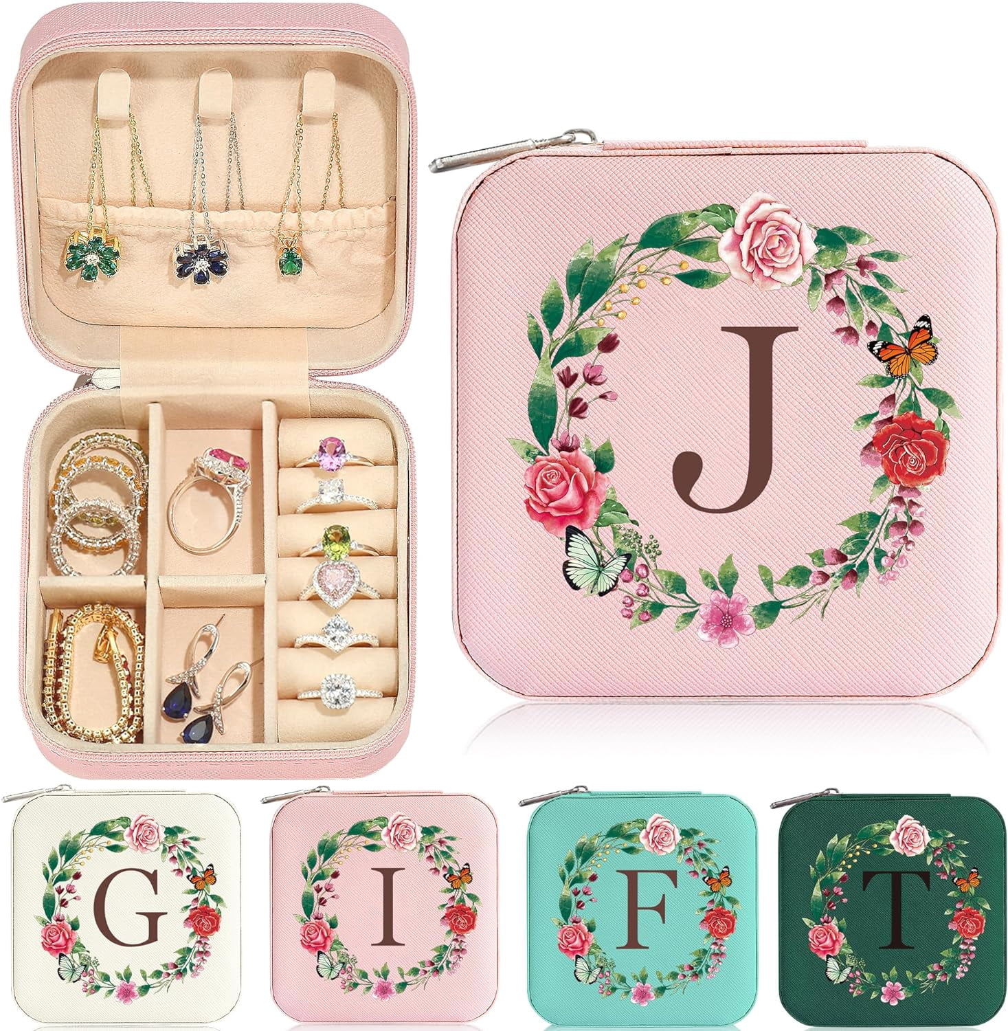 Teen Girl Gift - Birthday Gift For Girl | Initial Travel Jewelry Box For Girls | Small Travel Jewelry Case For Girl | Gift For Girl | Daughter Granddaughter Niece Gift Ideas - Letter J, Pink[Z2867]