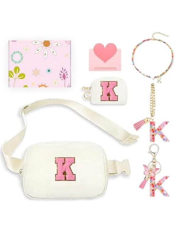 Teen Girl Gifts Trendy Stuff, Monogrammed Fanny Pack for Girl with keychain, necklace, cup charms, greeting card and gift box, Birthday Gifts for 4 5 6 7 8 9 10 11 12 13 Year Old Girls