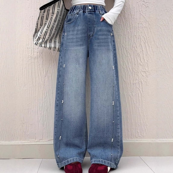 Girls' Jeans Baggy Pants for Girls High Waist Denim Pants with Pockets Straight Leg Jeans Girls Fashion 12-13 Years