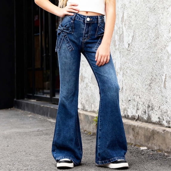 Girl Jeans Bow Jeans Girls Bell Bottom Jeans High Waist Cute Baggy Jeans with Pockets Girls School Pants 11-12 Years