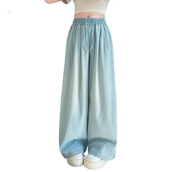 Teen Girl Jeans Elastic Waist Jeans Girls Straight Leg Wide Leg Jeans High Waist Baggy Jeans Girls with Pockets Size 13-14 Years Girls Pants