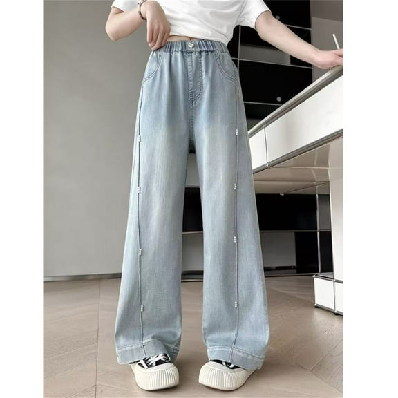Teen Girl Jeans Elastic Waist Jeans Girls Straight Leg Wide Leg Jeans High Waisted Baggy Jeans Kids with Pockets Girls Clothes Size 11-12 Years