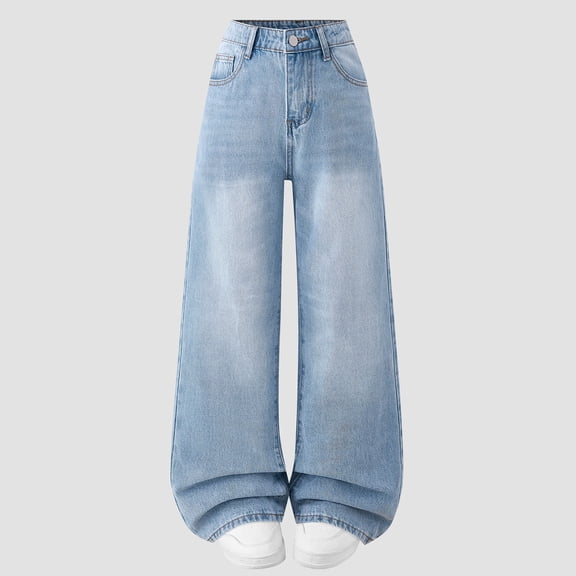 Teen Girl Jeans Girls Blue Jeans Girls Straight Leg Jeans Wide Leg Girls Pants High Waisted Girls Baggy Pants with Pockets Kid Clothes 14-15 Years