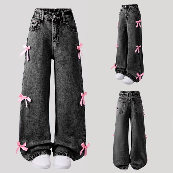 Teen Girl Jeans Girls Bow Jeans Girls Straight Leg Jeans Wide Leg Jeans High Waisted Cute Baggy Jeans with Pockets Girl Jeans Size 10-11 Years