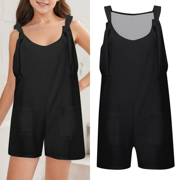 Teen Girl Jumpsuit Kids Casual Sleeveless Romper Girls Loose Rompers with Pockets Black Jumpsuit Kids Summer Clothes 11-12 Years