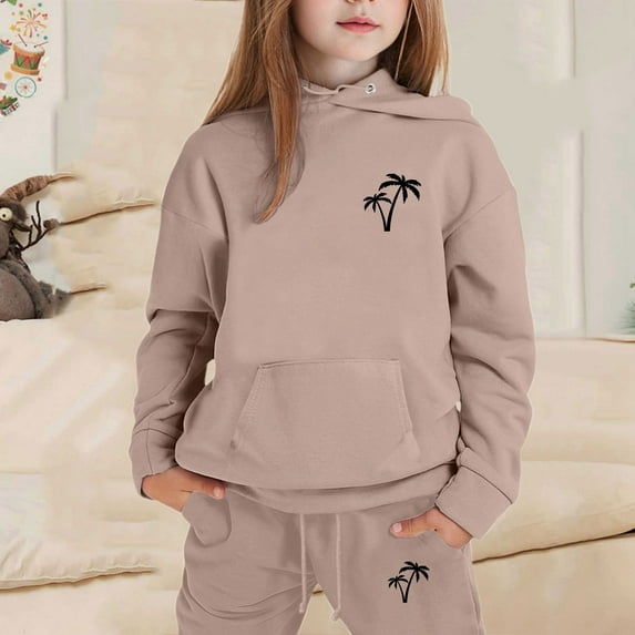 Teen Girl Long Sleeve Hooded Sweatshirt & Casual Straight Leg Sweatpants 2 Piece Outfits Fall Winter Outfits Set With Cute Printed (Khaki,6-7 Years)