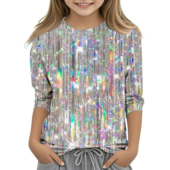 Teen Girl Print Shirts 3/4 Sleeve Tee Shirts for Kids Sequin Print Tunic Top Party Going out Shirt