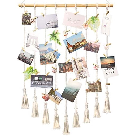 Teen Girl Room Decor Boho Macrame Hanging Photo Display, Pictures Cards Holder Wall Art for Bedroom Livingroom Dorm Home Teens Women Christmas Birthday Gift, with 40 Wood Clips, 37" L x 23.6''W