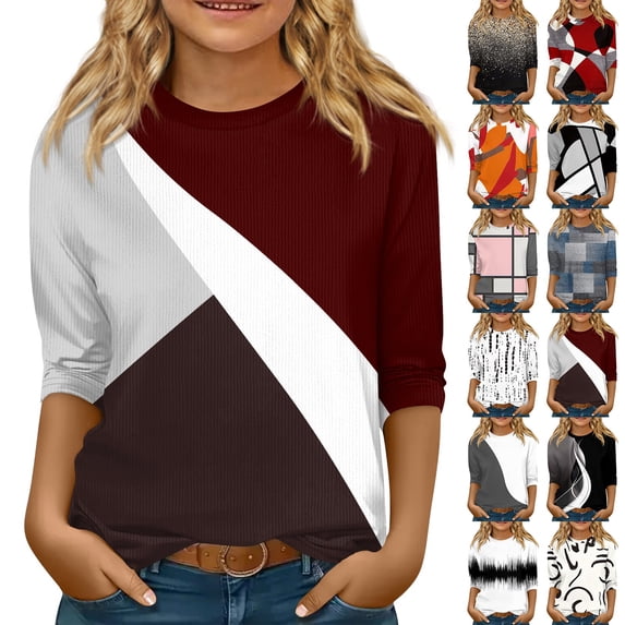 Teen Girl Shirts 3/4 Length Sleeve Color Block Tops Round Neck Cute Loose Pullover Fall Blouses
