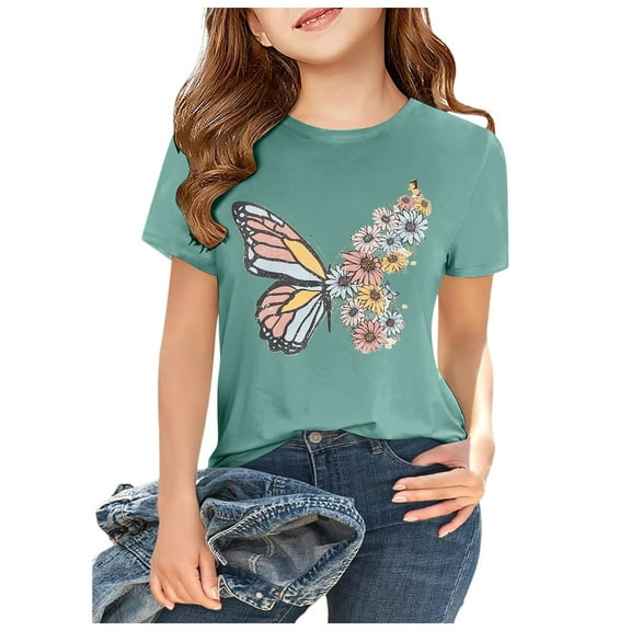 Teen Girl Shirts Size 12-13 Years Girls Short Sleeve T Shirts Kids Butterfly Cartoon Shirts Summer Tops Crewneck Tees 3 13 Years
