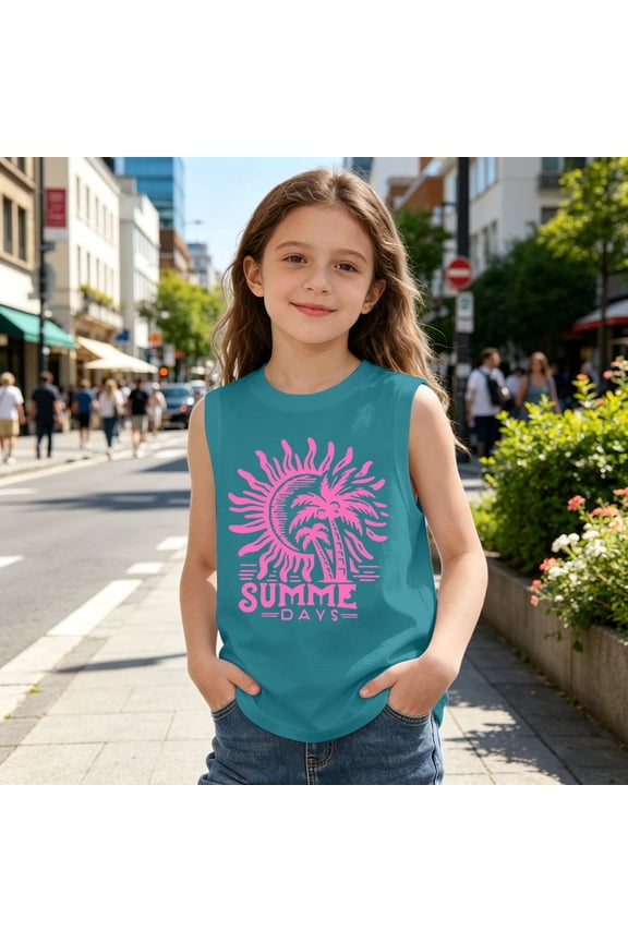 Teen Girl Shirts Size 4-5Y Kids Coconut Tree Print Sleeveless Crew Neck Beach Outdoor Top Girls' Tops