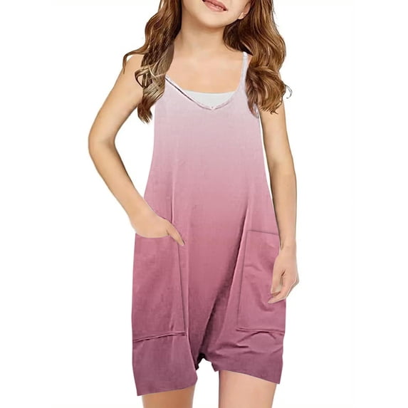Teen Girl Sleeveless Short Jumpsuit New Teen Girls Casual Rompers Summer Sleeveless Jumpsuits Loose Spaghetti Strap Shorts Trendy 2025 Overalls with Pockets Pinky 9 Years
