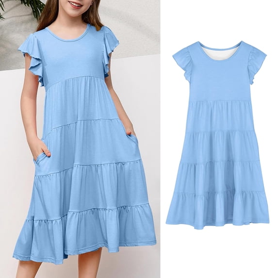 Girl Summer Dresses Ruffle Sleeve Girls Casual Dresses Tiered Sun Dresses with Pockets Dresses for Girls 14-15 Years