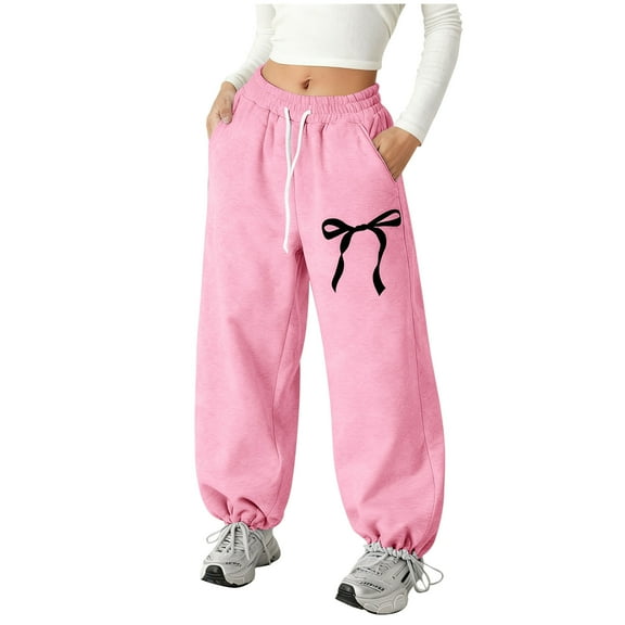 Teen Girl Sweatpants Girls Fleece Pants Girls Bow Print Straight Leg Pants, Comfortable Baggy Sweatpants with Drawstring Waist & Pockets