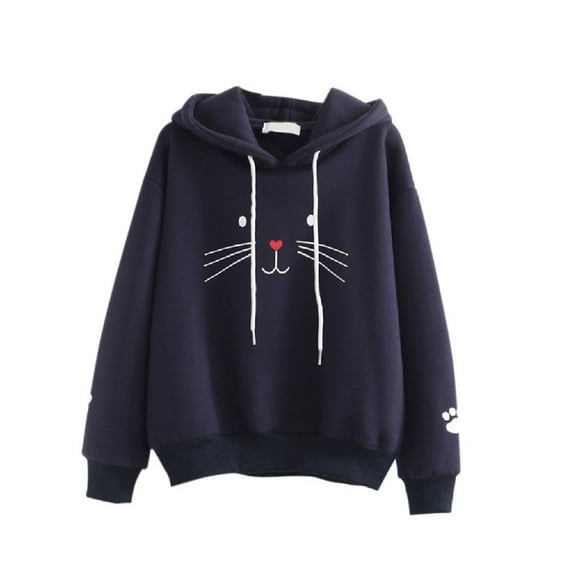 Teen Girl Sweatshirt Winter Velvet Long Sleeve Pullover Hooded Sweatshirt,Cute Cat Printed Soft Casual Basic Warm Jersey Jacket Hoodie V Neck Stretchy Hem Shirt for Girls Daily School Wear,Black