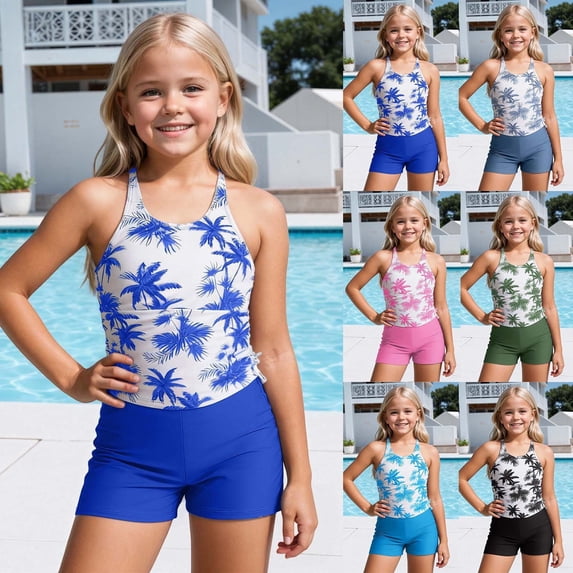 Teen Girl Swimsuit 2 Piece Upf Rash Guard and Swim Shorts Set for Beach Pool Girls Bathing Suit Blue 5-6 Years