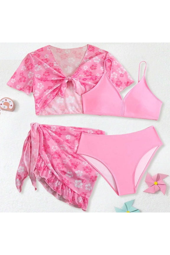 Girl Swimsuit 4 Piece Lightweight Quick Dry Solid Print V Neck Sleeveless Ruched Top Trunks Jacket And Cover Up Skirt for Hawaiian Baby Bathing Suit Girl Pink 10 Years-11 Years