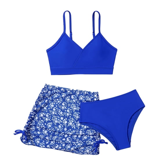 Teen Girl Swimsuit Bikini 3 Piece Set with Skirt Cover Ups Summer Beach Cute Ruffle Trim Swimwear Bathing Suit 8-12 Years 