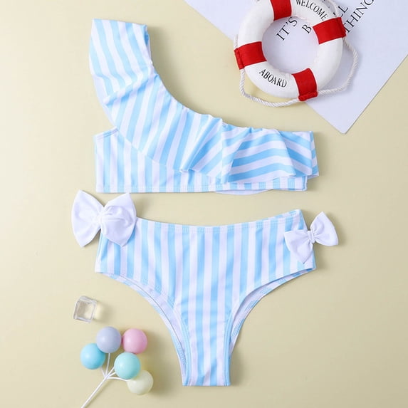 Teen Girl Swimsuit High Waist Striped Bow 2 Piece Bikini Swimsuit Set Toddler Girl Bathing Suit Blue 7-8 Years