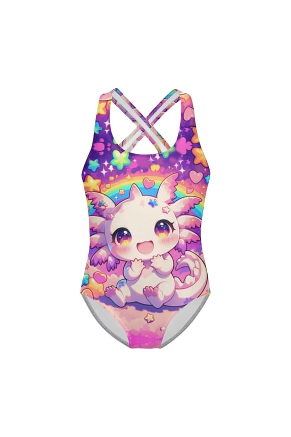 Teen Girl Swimsuit Quick Dry Cartoon Print Square Neck Sleeveless Back Crisscross Gymnastics Leotard for Beach Girls&nbsp;Bathing Suit Purple 5 Years-6 Years