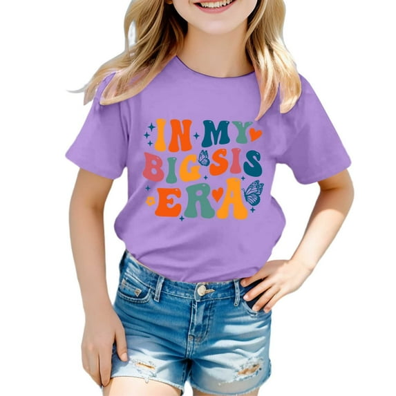 Teen Girl Tops Cute Cartoon Print Short Sleeve T-Shirt Crew Neck Fashion Kids Summer Clothing Purple,4-5 Years