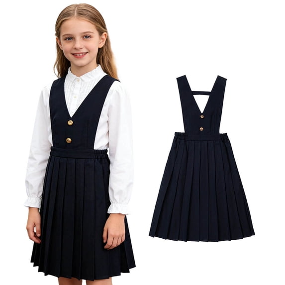 Girl Uniform Dress V-Neck Jumper Dress Pleated Skirt Summer Navy Uniform Dresses 11-12 Years Girls Clothes