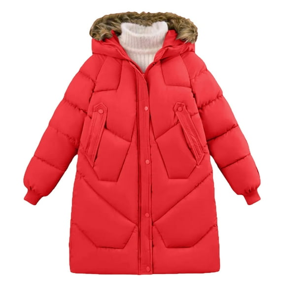 Teen Girl Winter Coat with Hooded Puffer Jacket Red Puffer Coat Zip up Long Sleeve Waterproof Girls Thicken Jacket Girls Coats Size 13-14 Years