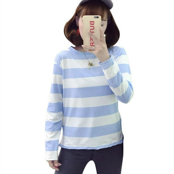 Teen Girl's Casual Striped Tee Shirt Long Sleeve Round Neck Top Fall and Winter