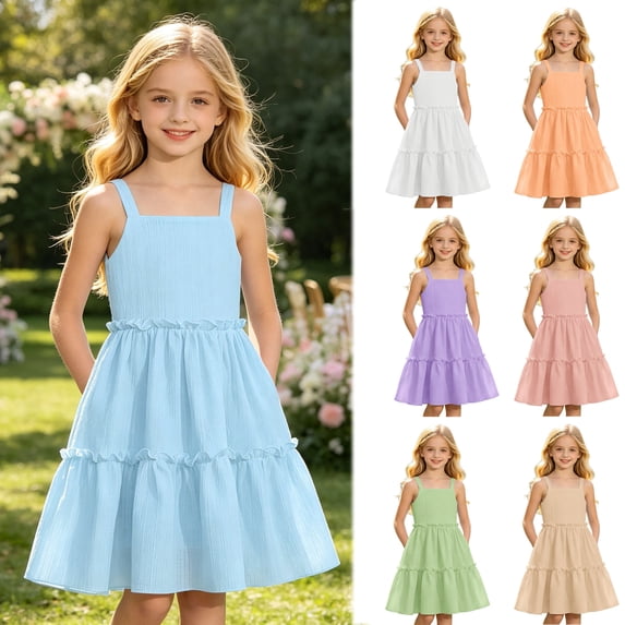 Teen Girl's Summer Sleeveless Loose Dress Square Neck Blue A-Line Dress With Pleated Decoration And Elastic Waistband Layered Ruffle Kawaii Mid Long Summer Dresses For 13-14 Years