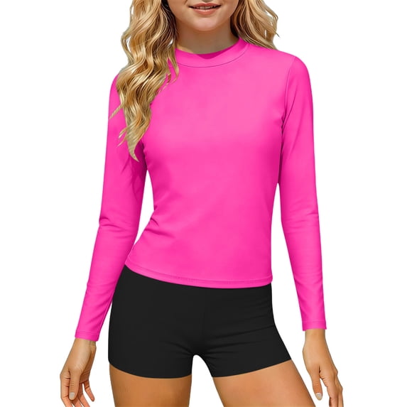 Teen Girls 2 Piece Activewear Outfit Solid Sporty Surf Rashguard Clothes Long Sleeve Crewneck Pullover Top Athletic Swim Shorts Set Casual Gym Training Suit