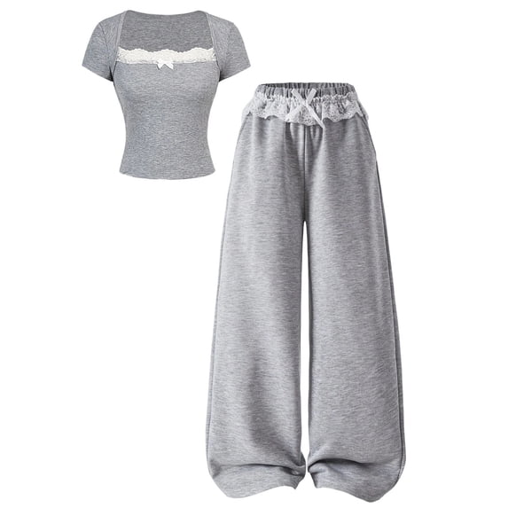 Girls 2 Piece Outfit, Short Sleeve T Shirt Top and Wide Leg Pants Casual Matching Set for Tween Girls Spring Summer Daily Wear