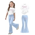 thumbnail image 1 of Teen Girls 2 Piece Outfits Short Sleeve Bow T-Shirt Top and Flared Pants Set Spring Clothes 11-12 Years Girls Outfits, 1 of 5