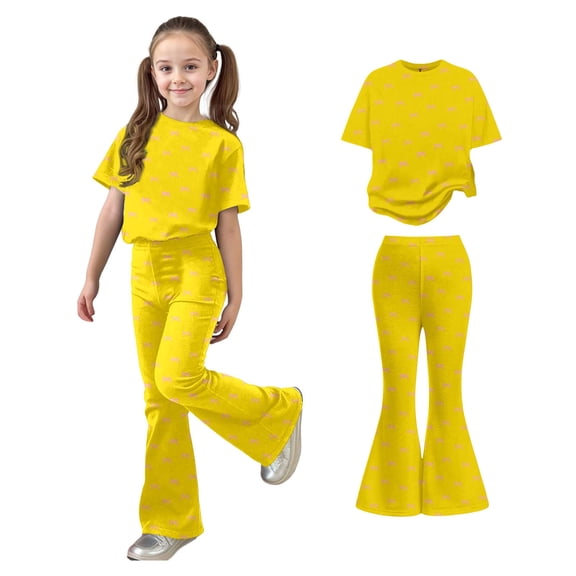 Teen Girls 2 Piece Outfits Short Sleeve Bow T-Shirt Top and Flared Pants Set Summer Clothes 11-12 Years Girls Clothes