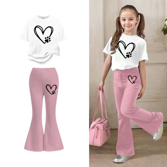 Teen Girls 2 Piece Outfits Short Sleeve Heart T-Shirt Top and Flared Pants Set Spring Clothes Girl Outfits Size 11-12 Years