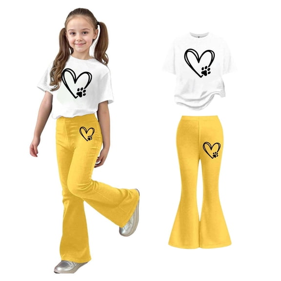 Teen Girls 2 Piece Outfits Short Sleeve Heart T-Shirt Top and Flared Pants Sets Girls Spring Outfits Clothes for Tween Girls 11-12 Years