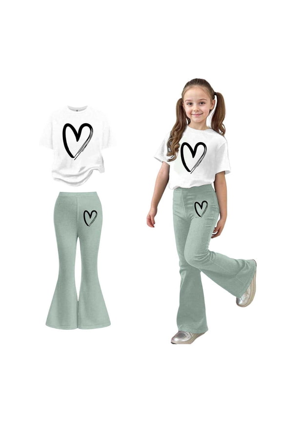 Girls 2 Piece Outfits Short Sleeve Heart T-Shirt Top and Flared Pants Sets Summer Outfits Girls Outfits 12-13 Years