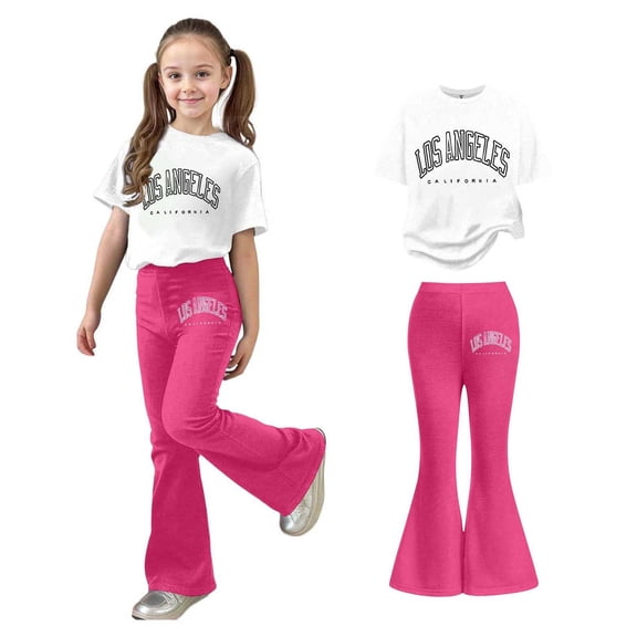 Teen Girls 2 Piece Outfits Short Sleeve Letter Print T-Shirt Top and Flared Pants Set Girls Spring Outfits Clothes for Girls 12-13 Years
