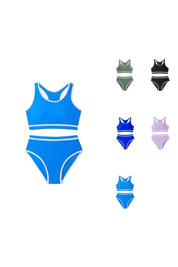 Girls' 3-Piece Color Block Swimsuit Set – High Waist Bikini with Sporty Cover-Up Skirt, Sizes 7-16 Years