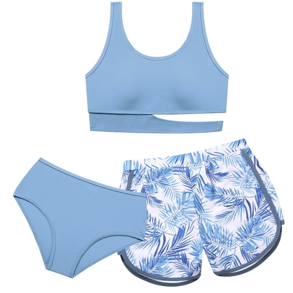 Teen Girls 3 Piece Quick Dry Bikini Set with Swim Shorts Print Bathing Suit Size 7-16