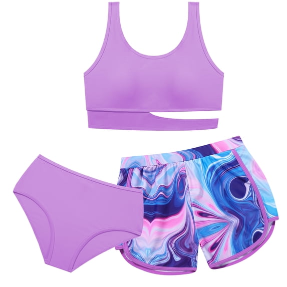 Teen Girls 3 Piece Quick Dry Bikini Set with Swim Shorts Print Bathing Suit Size 7-16