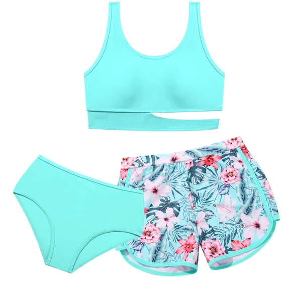 Teen Girls 3 Piece Quick Dry Bikini Set with Swim Shorts Print Bathing Suit Size 7-16