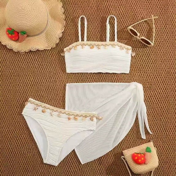 Teen Girls 3 Piece Swimsuit Set Bikini Beach White Swimsuit with Cover Up Skirt Cute Summer Swimsuit for Girls 10-11 Years