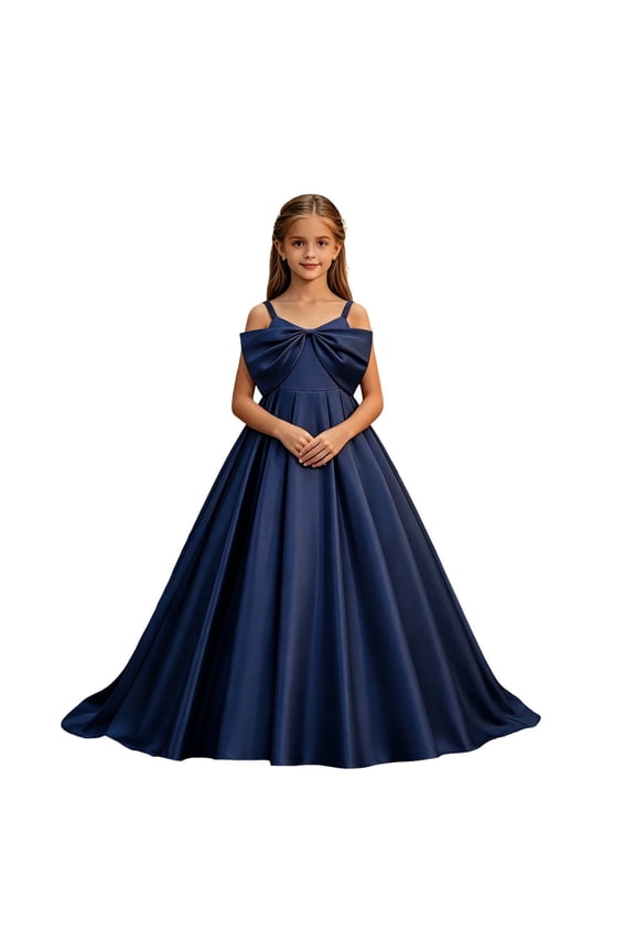 Teen Girls 7-15Y off-Shoulder Satin Ball Gown, Elegant Bow Accent Floor-Length Train Dress for Wedding Flower Girl, Pageants & Evening Parties Blue 7 Years