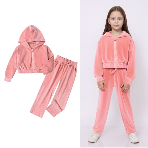 Girls Athletic Outfits Velour Pink Tracksuit Kids Zipper Cropped Hoodies and Sweatpants Sets Kids Clothing 13-14 Years