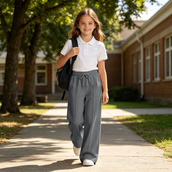 Girls Back to School Pants Loose Fit Wide Leg Elastic High Waisted Pants Drawstring Casual for Everyday Wear Grey2,170