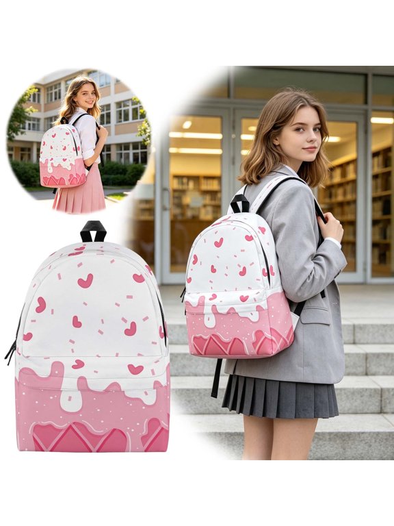 Teen Girls Backpack For School All Over Ice Cream Print Sports Backpack Spacious Compartment Ergonomic Padded Straps Daily Travel Gym Daypack
