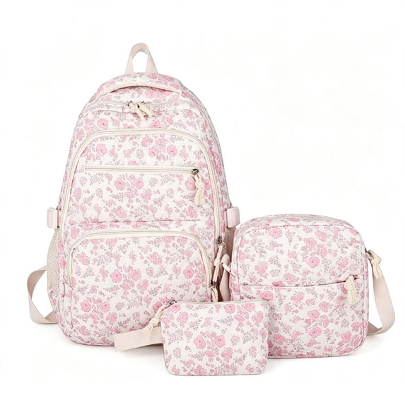 Teen Girls Backpack Set with Lunch Box, Pencil Case, Small Wallet, Kids Bookbag(Pink)