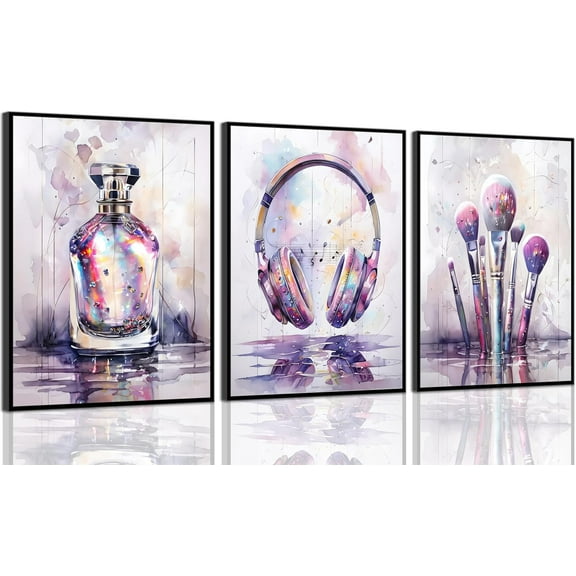 Teen Girls Bedroom WallColorful Perfume Makeup Wall Decor Pictures Prints Watercolor Brushes Headset Canvas Posters Painting for Beauty Music Enthusiast Teensin Unframed