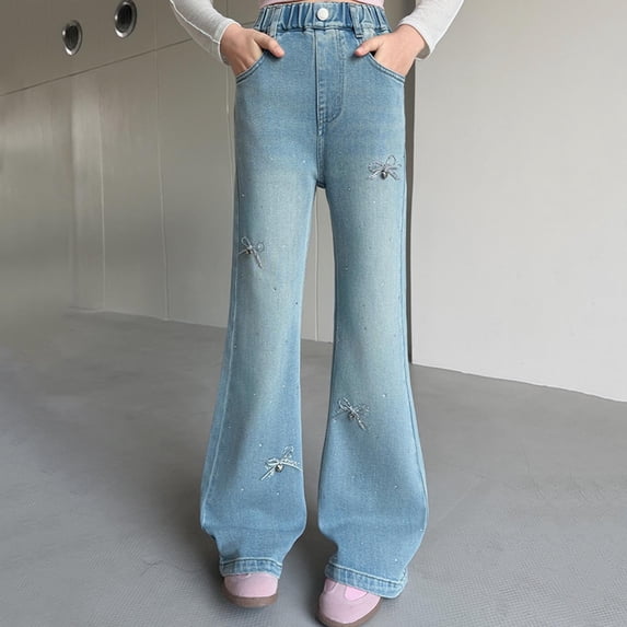 Girls Bell Bottom Jeans Pants Kids Dress Pants With Pockets Straight Pants Blue Baggy Jeans Sports & Recreation Pants Girls Leggings Size 13-14 Years